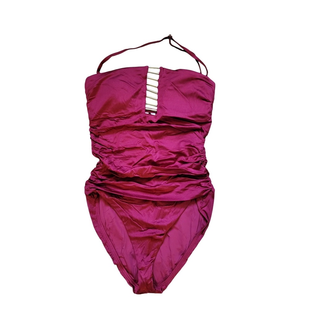 Tahari Ruby Red Gold Details Swimsuit One Piece XL Padded